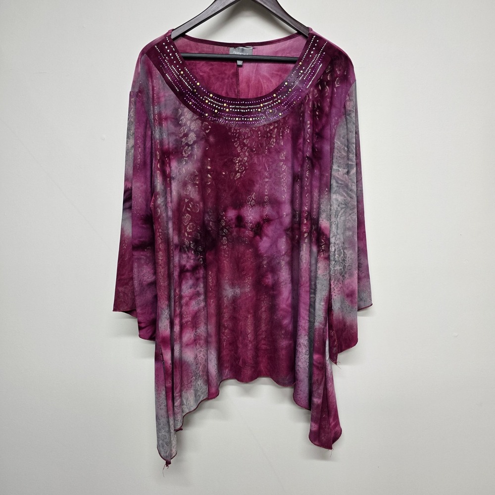 Essentials Tie Dye Animal Print Tunic Womens 4X Purple Embellished Boho Top